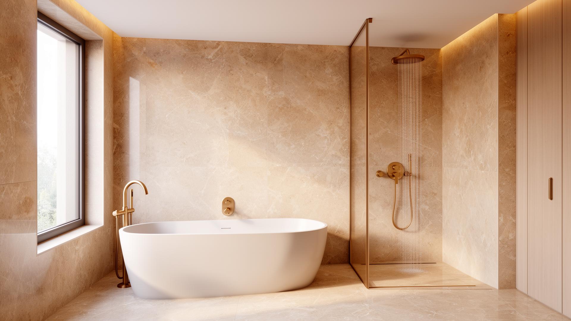 Luxe badkamer met marmer en messing afwerking